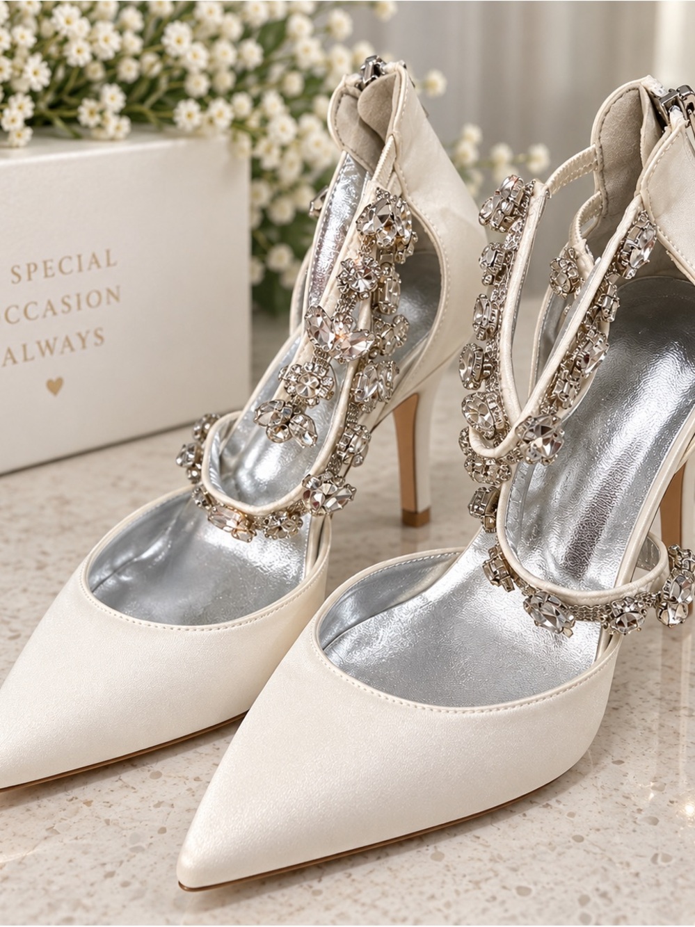 Ivory Crystal-Ankle Pointed-Toe Stiletto Heels